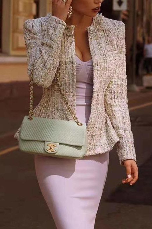 Woman wearing a figure flattering Kate Bandage Dress - Violet Bodycon Collection