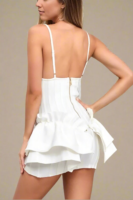 Woman wearing a figure flattering Keely Bodycon Mini Dress - Pearl White BODYCON COLLECTION