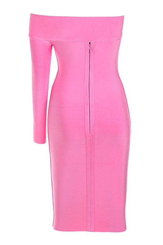 Woman wearing a figure flattering Kelly Long Sleeve Bandage Mini Dress - Hot Pink BODYCON COLLECTION