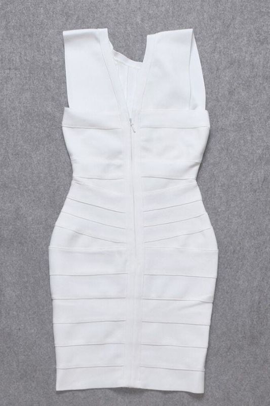 Woman wearing a figure flattering Kia Bandage Dress - Pearl White BODYCON COLLECTION