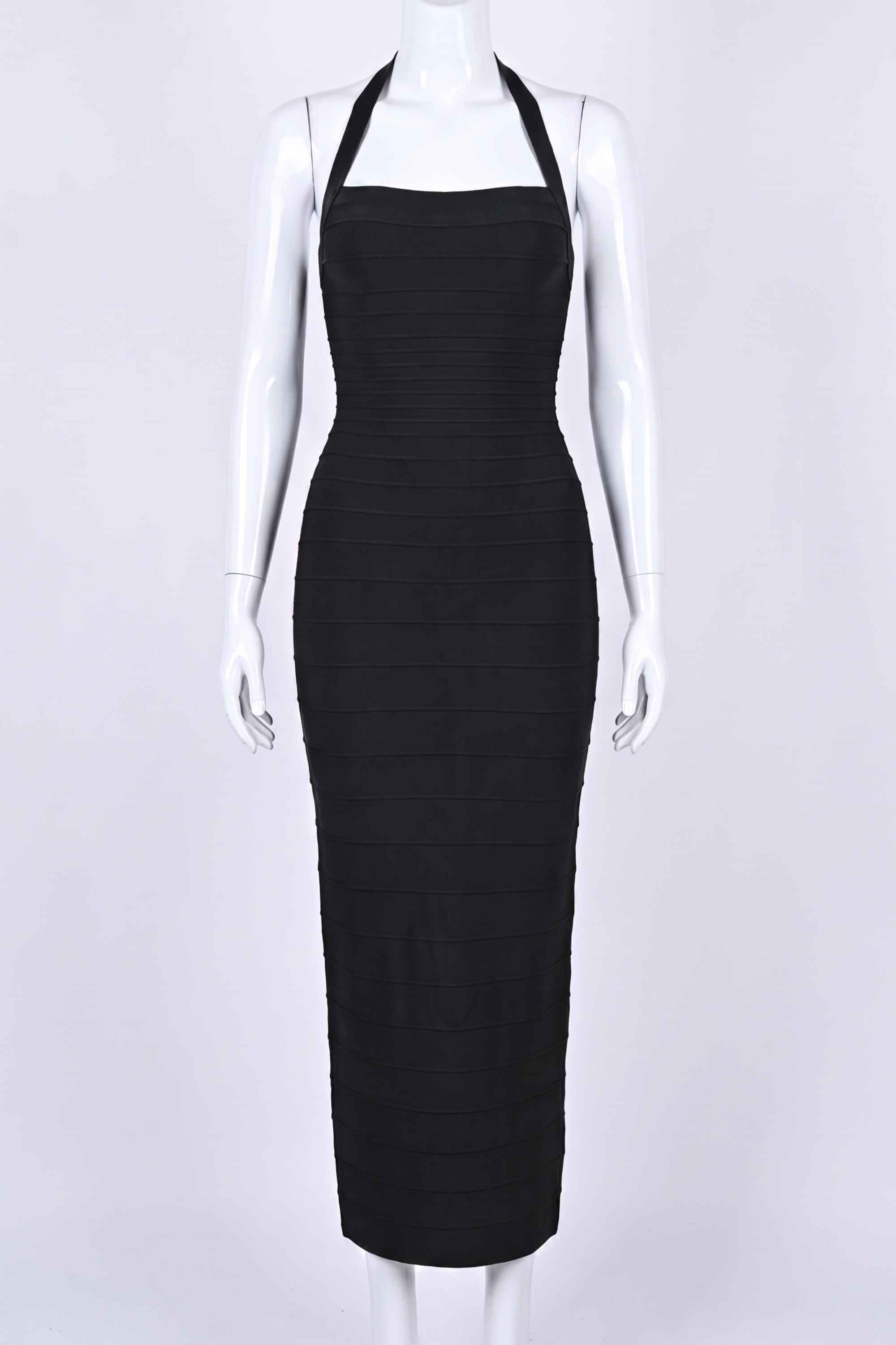 Woman wearing a figure flattering Kia Bandage Maxi Dress - Classic Black BODYCON COLLECTION Pty Ltd