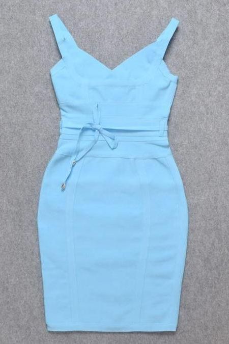 Woman wearing a figure flattering Kit Bandage Dress - Sky Blue Bodycon Collection