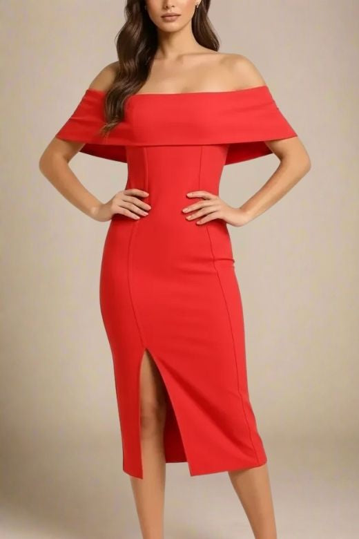 Woman wearing a figure flattering Kristina Bodycon Dress Dress - Lipstick Red BODYCON COLLECTION