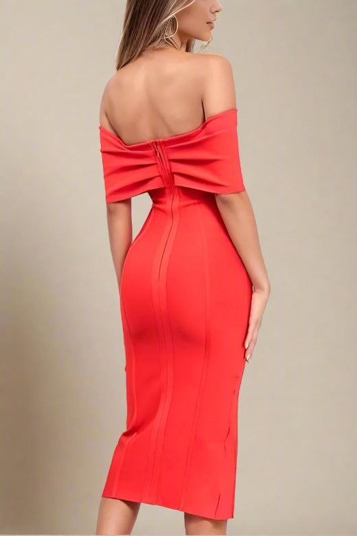 Woman wearing a figure flattering Kristina Bodycon Dress Dress - Lipstick Red BODYCON COLLECTION