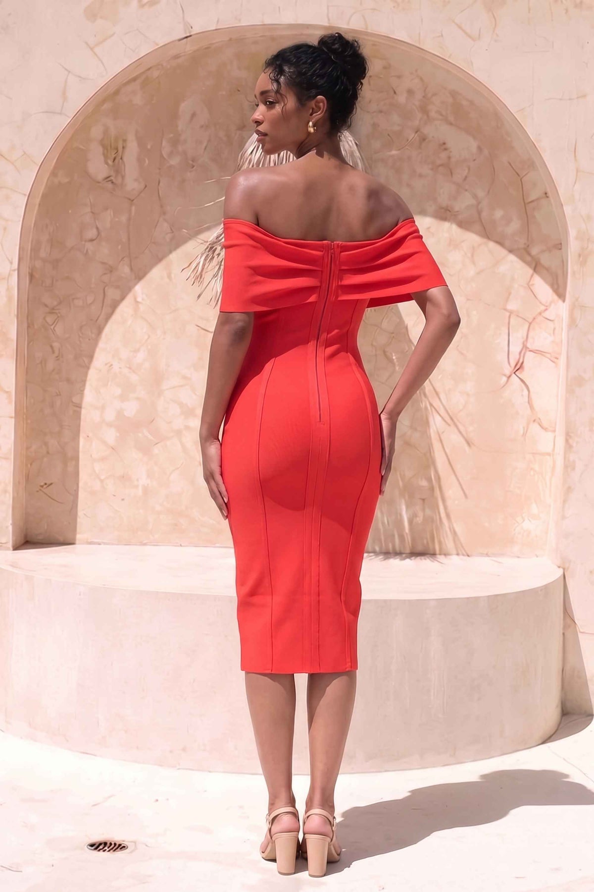 Woman wearing a figure flattering Kristina Bodycon Dress Dress - Lipstick Red BODYCON COLLECTION