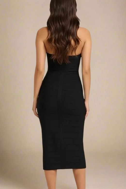 Woman wearing a figure flattering Lara Bandage Midi Dress - Classic Black BODYCON COLLECTION Pty Ltd