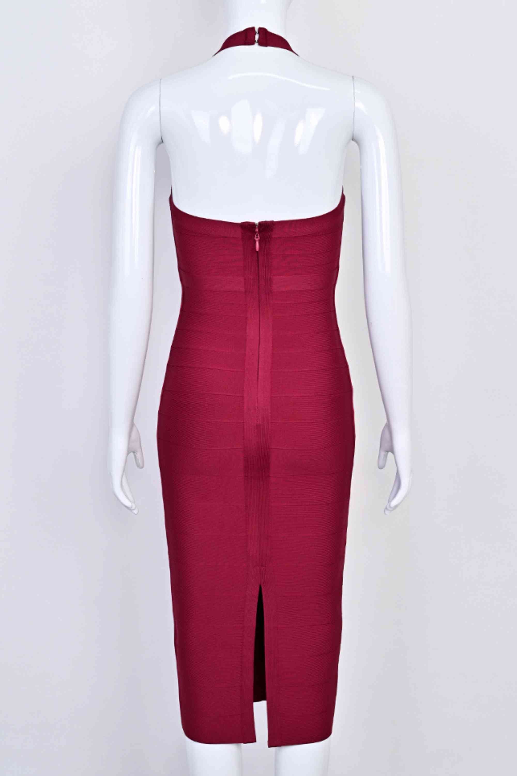 Woman wearing a figure flattering Lara Bandage Midi Dress - Red Wine BODYCON COLLECTION Pty Ltd