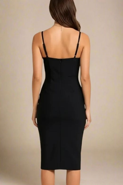 Woman wearing a figure flattering Larissa Bodycon Dress - Classic Black BODYCON COLLECTION Pty Ltd