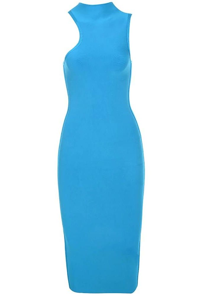 Woman wearing a figure flattering Layla Bandage Midi Dress - Sky Blue Bodycon Collection