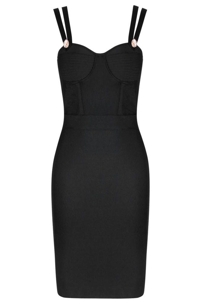 Woman wearing a figure flattering Kate Bandage Dress - Classic Black Bodycon Collection