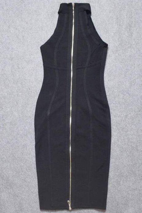 Woman wearing a figure flattering Lea Bandage Midi Dress - Classic Black Bodycon Collection