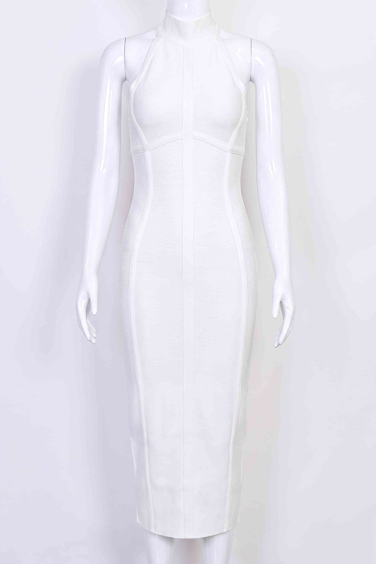 Woman wearing a figure flattering Lea Bandage Midi Dress - Pearl White Bodycon Collection