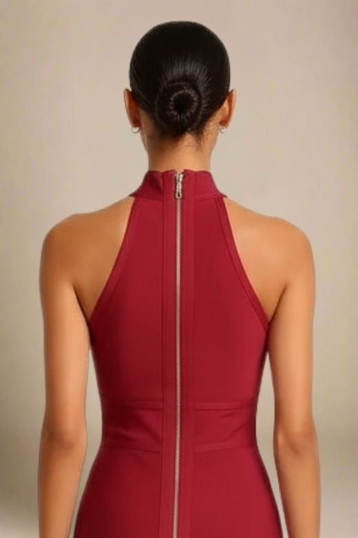 Woman wearing a figure flattering Lea Bandage Midi Dress - Red Wine Bodycon Collection