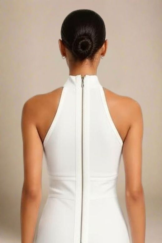 Woman wearing a figure flattering Lea Bandage Midi Dress - White Pearl Bodycon Collection