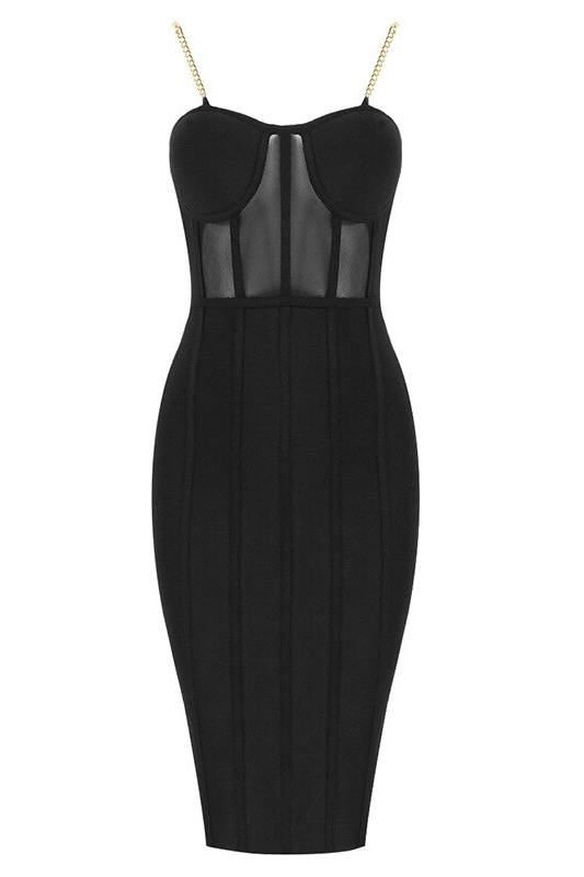 Woman wearing a figure flattering Leah Bodycon Dress - Classic Black Bodycon Collection