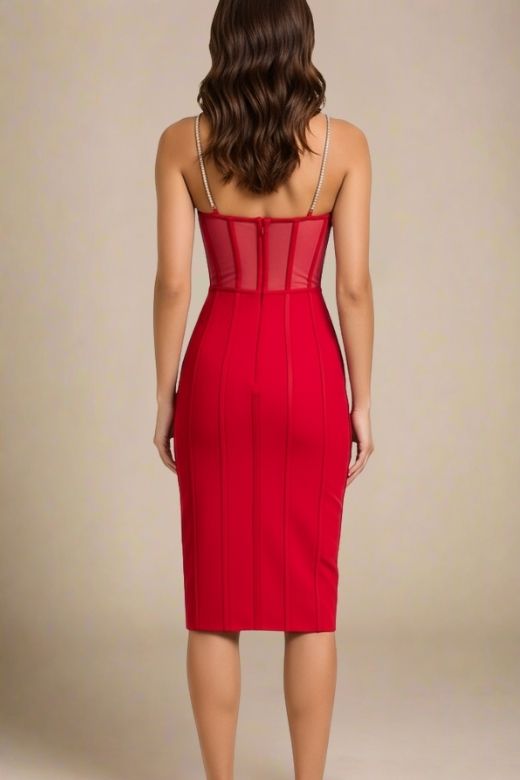 Woman wearing a figure flattering Leah Bodycon Dress - Lipstick Red Bodycon Collection