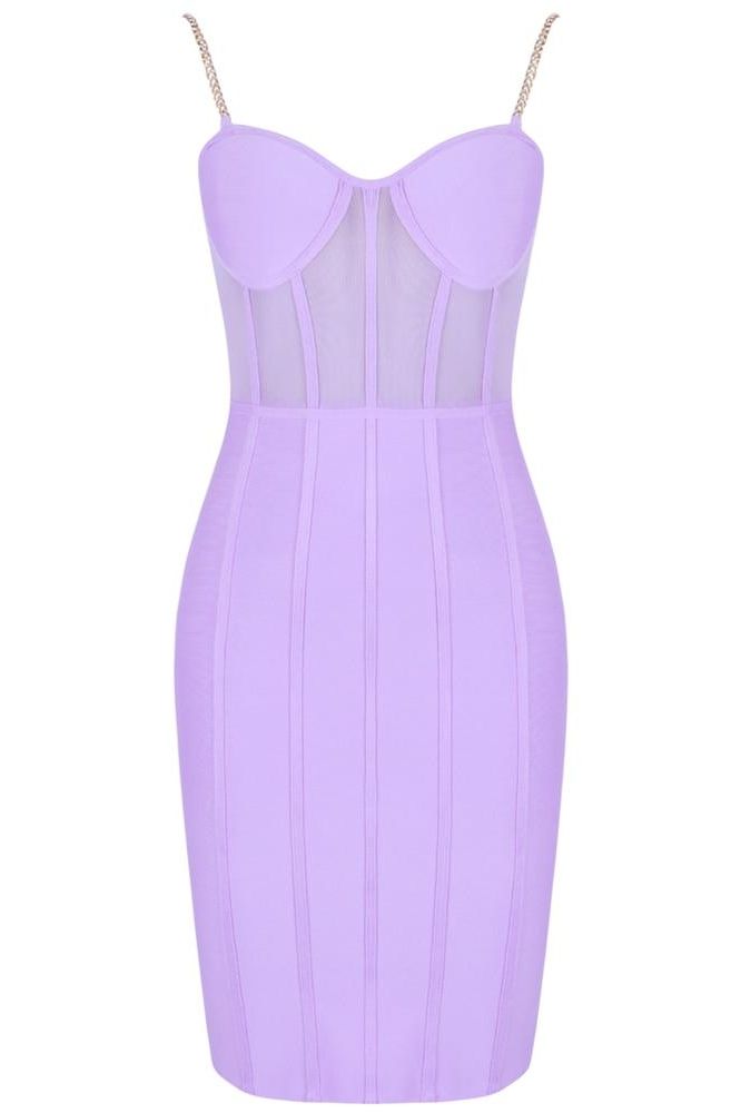 Woman wearing a figure flattering Leah Bodycon Dress - Violet Bodycon Collection