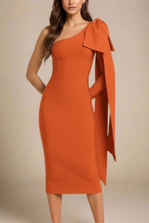 Woman wearing a figure flattering Lela Long Sleeve Bandage Midi Dress - Apricot Orange BODYCON COLLECTION