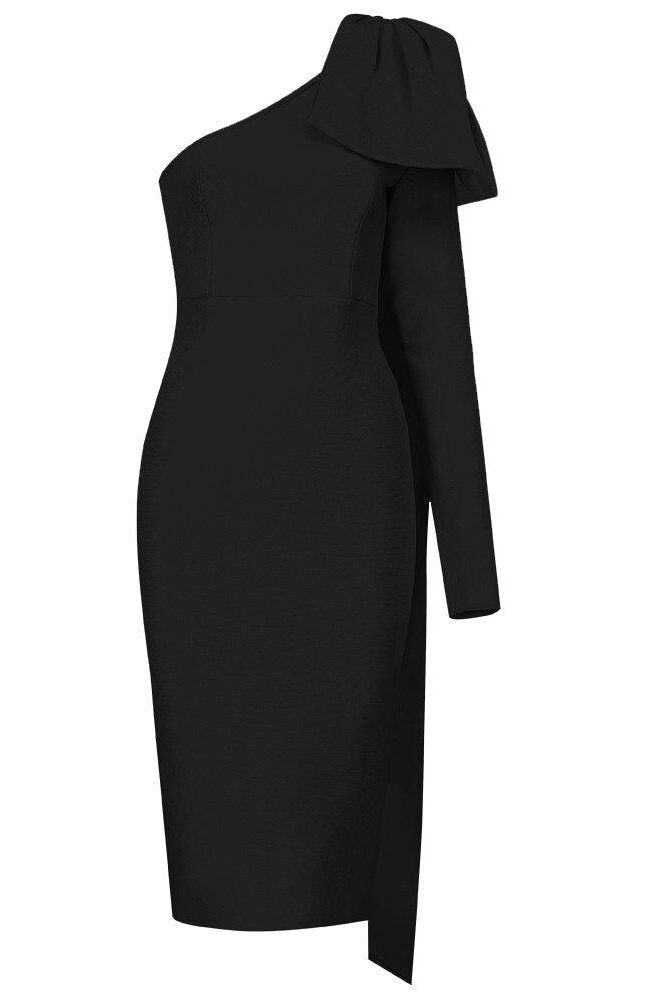 Woman wearing a figure flattering Lela Long Sleeve Bandage Midi Dress - Classic Black BODYCON COLLECTION