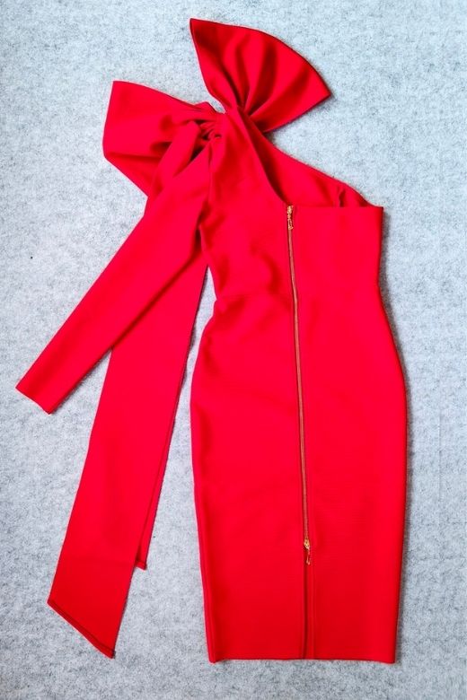 Woman wearing a figure flattering Lela Long Sleeve Bandage Midi Dress - Lipstick Red BODYCON COLLECTION