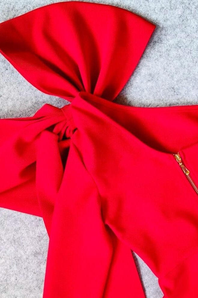 Woman wearing a figure flattering Lela Long Sleeve Bandage Midi Dress - Lipstick Red BODYCON COLLECTION