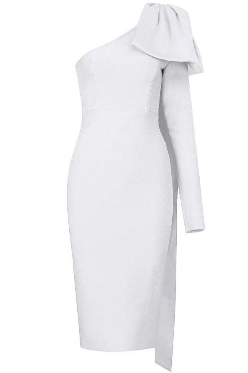Woman wearing a figure flattering Lela Long Sleeve Bandage Midi Dress - Pearl White BODYCON COLLECTION