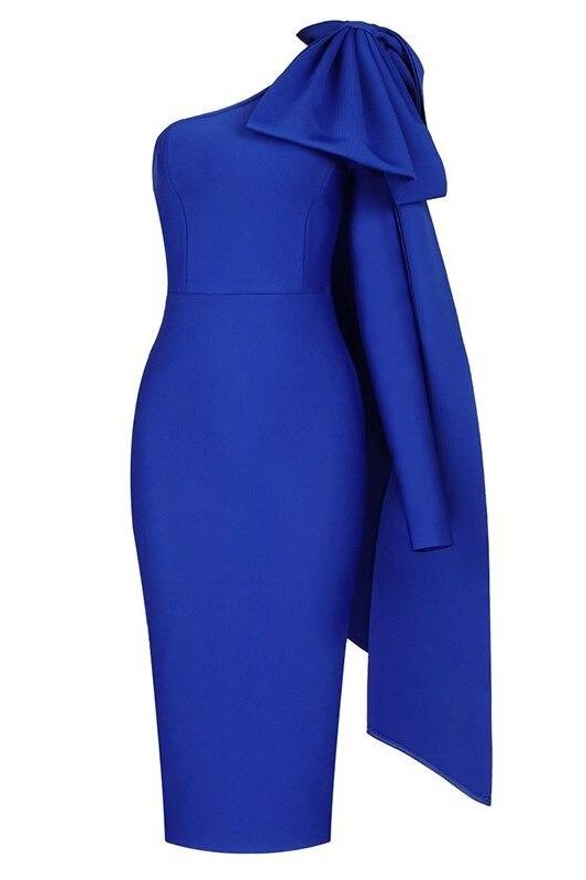 Woman wearing a figure flattering Lela Long Sleeve Bandage Midi Dress - Royal Blue BODYCON COLLECTION