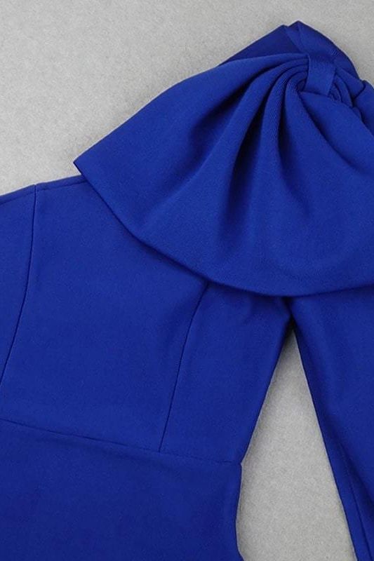 Woman wearing a figure flattering Lela Long Sleeve Bandage Midi Dress - Royal Blue BODYCON COLLECTION
