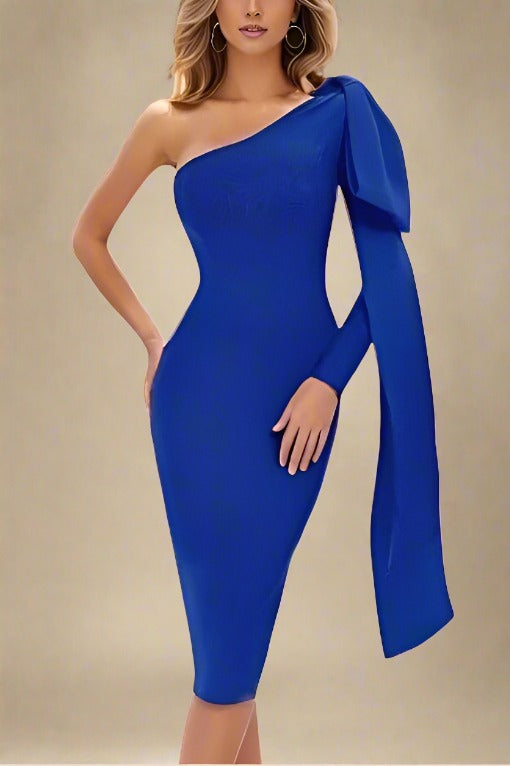 Woman wearing a figure flattering Lela Long Sleeve Bandage Midi Dress - Royal Blue BODYCON COLLECTION
