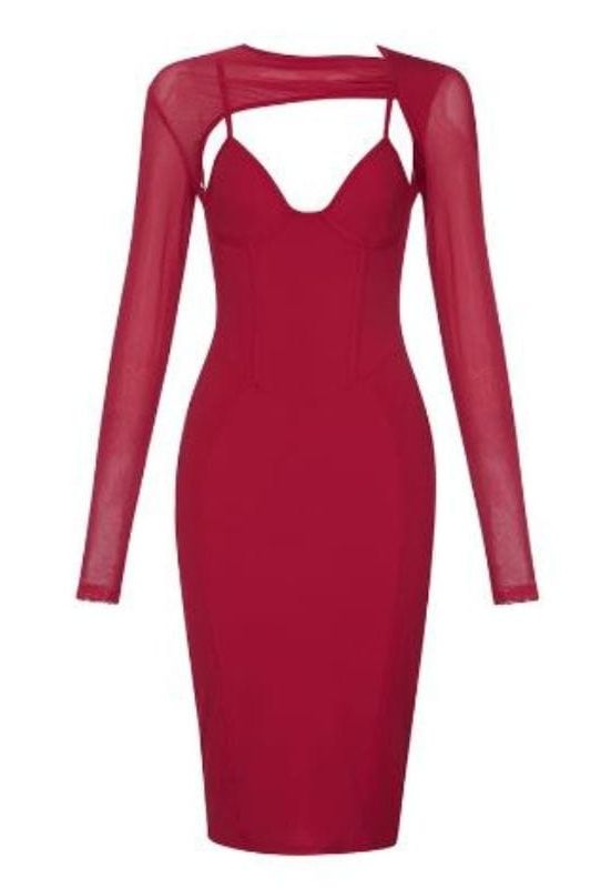 Woman wearing a figure flattering Lexi Bodycon Midi Dress - Red Wine BODYCON COLLECTION
