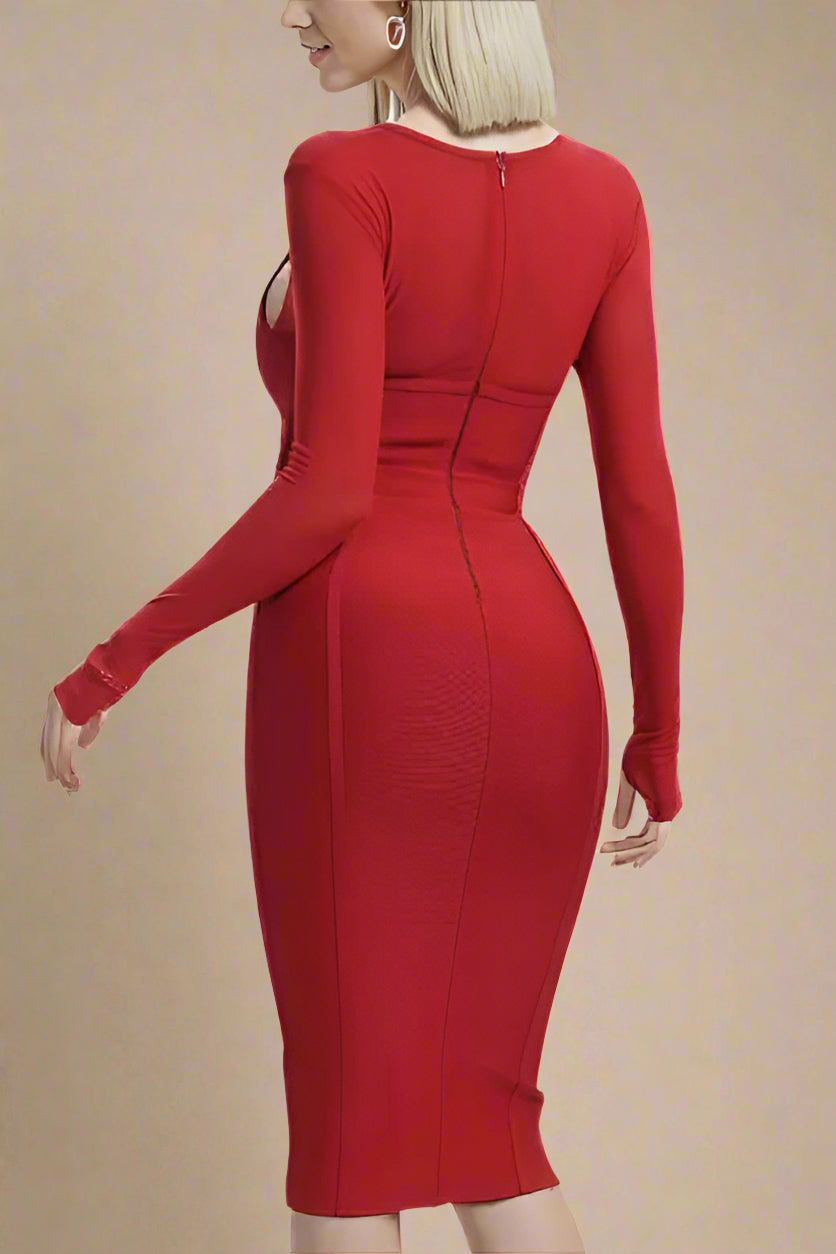Woman wearing a figure flattering Lexi Long Sleeve Bodycon Midi Dress - Red Wine BODYCON COLLECTION