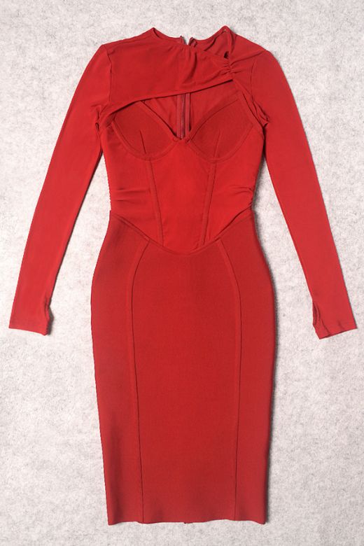 Woman wearing a figure flattering Lexi Long Sleeve Bodycon Midi Dress - Red Wine BODYCON COLLECTION