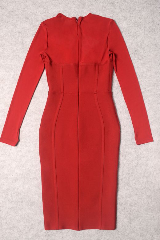 Woman wearing a figure flattering Lexi Long Sleeve Bodycon Midi Dress - Red Wine BODYCON COLLECTION
