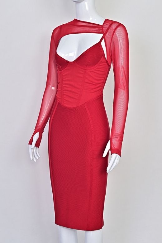 Woman wearing a figure flattering Lexi Long Sleeve Bodycon Midi Dress - Red Wine BODYCON COLLECTION