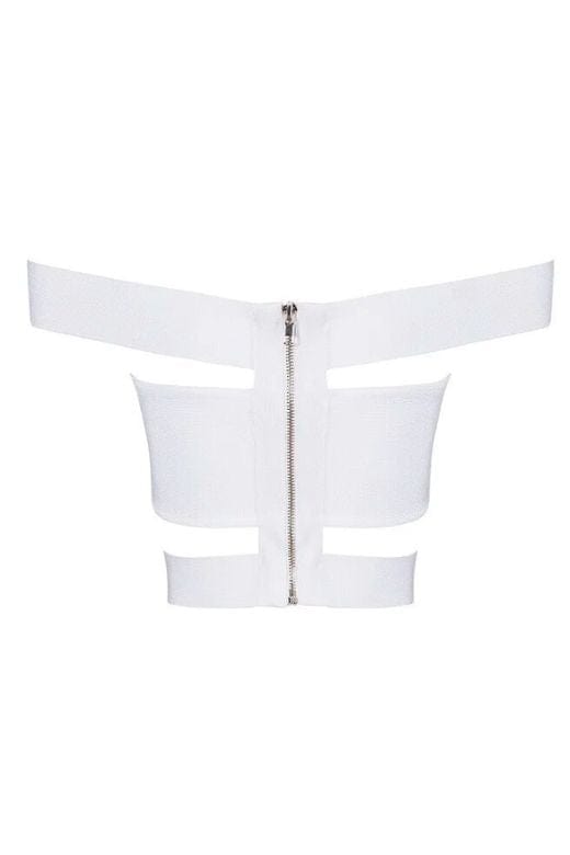 Woman wearing a figure flattering Lexia Bandage Crop Top - Pearl White BODYCON COLLECTION