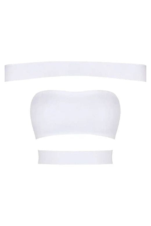 Woman wearing a figure flattering Lexia Bandage Crop Top - Pearl White BODYCON COLLECTION