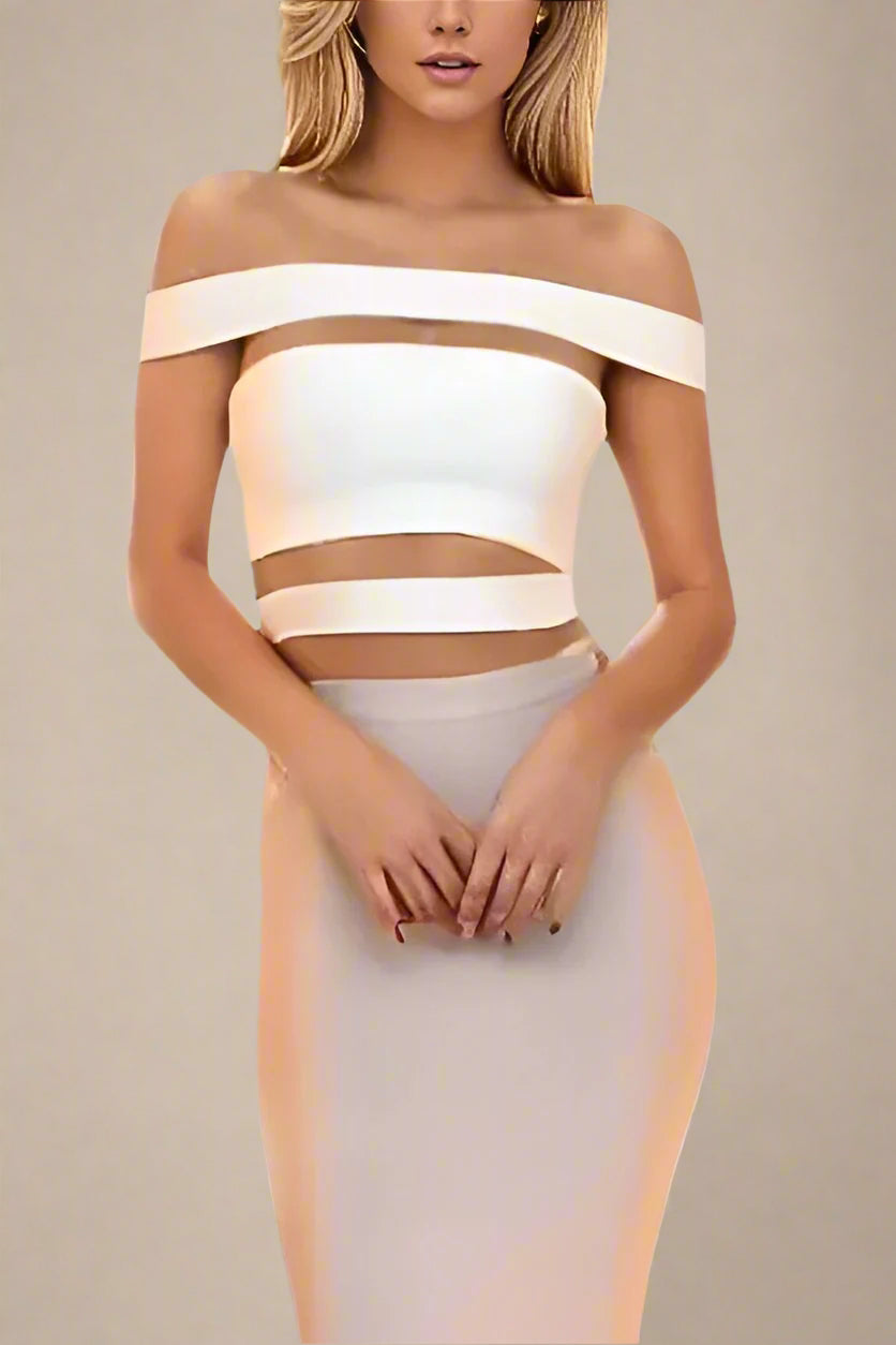 Woman wearing a figure flattering Lexia Bandage Crop Top - Pearl White BODYCON COLLECTION