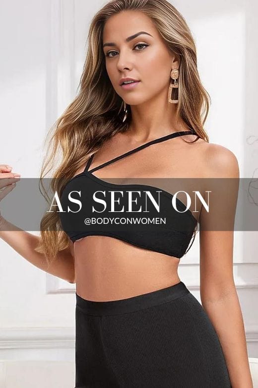 Woman wearing a figure flattering Lina Bandage Strapless Crop Top - Classic Black BODYCON COLLECTION