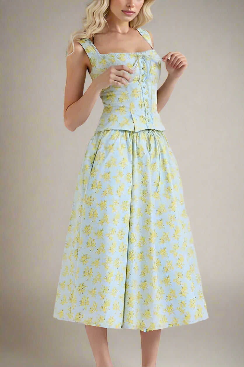 Woman wearing a figure flattering Livia Top and Midi Skirt Set - Sky Blue BODYCON COLLECTION Pty Ltd