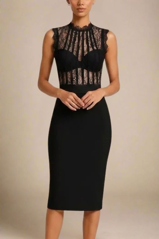 Woman wearing a figure flattering Lori Bodycon Dress - Classic Black BODYCON COLLECTION Pty Ltd