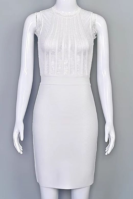 Woman wearing a figure flattering Lori Bodycon Dress - White Pearl BODYCON COLLECTION Pty Ltd