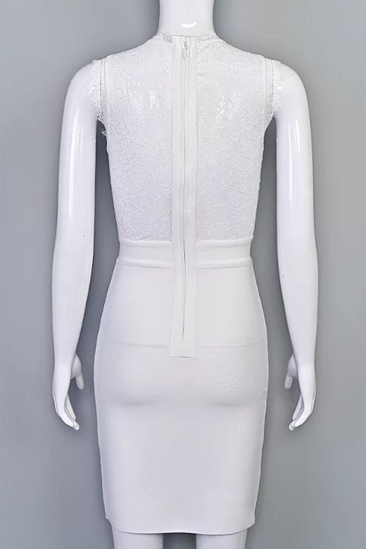 Woman wearing a figure flattering Lori Bodycon Dress - White Pearl BODYCON COLLECTION Pty Ltd