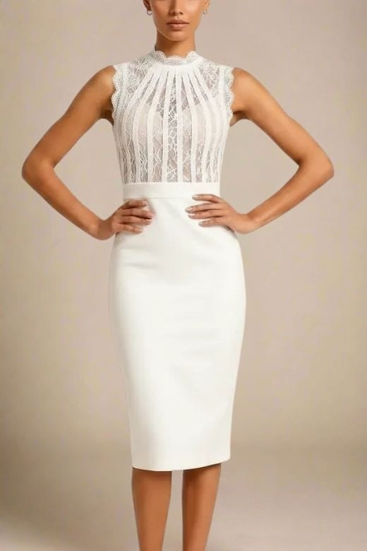Woman wearing a figure flattering Lori Bodycon Dress - White Pearl BODYCON COLLECTION Pty Ltd