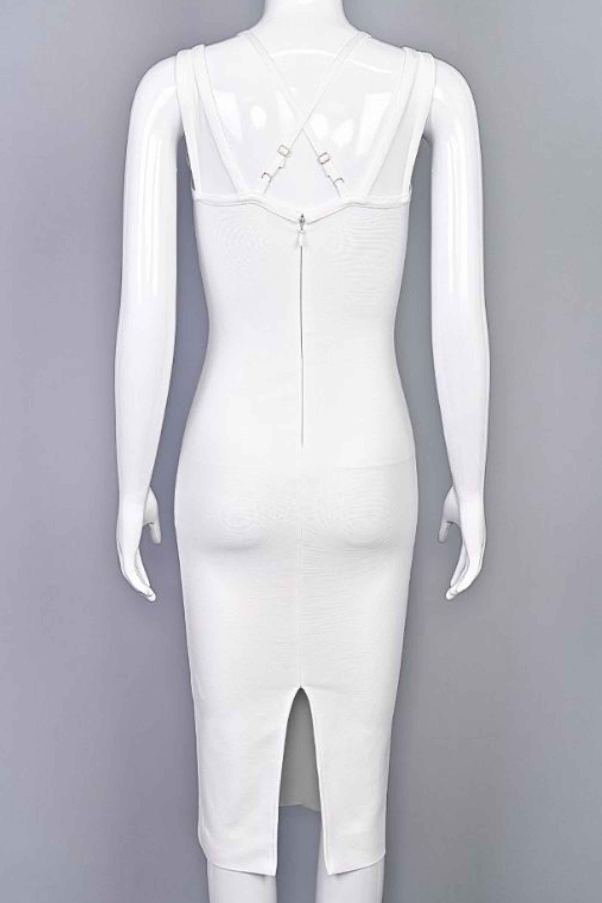 Woman wearing a figure flattering Lucy Bandage Midi Dress - White Pearl BODYCON COLLECTION