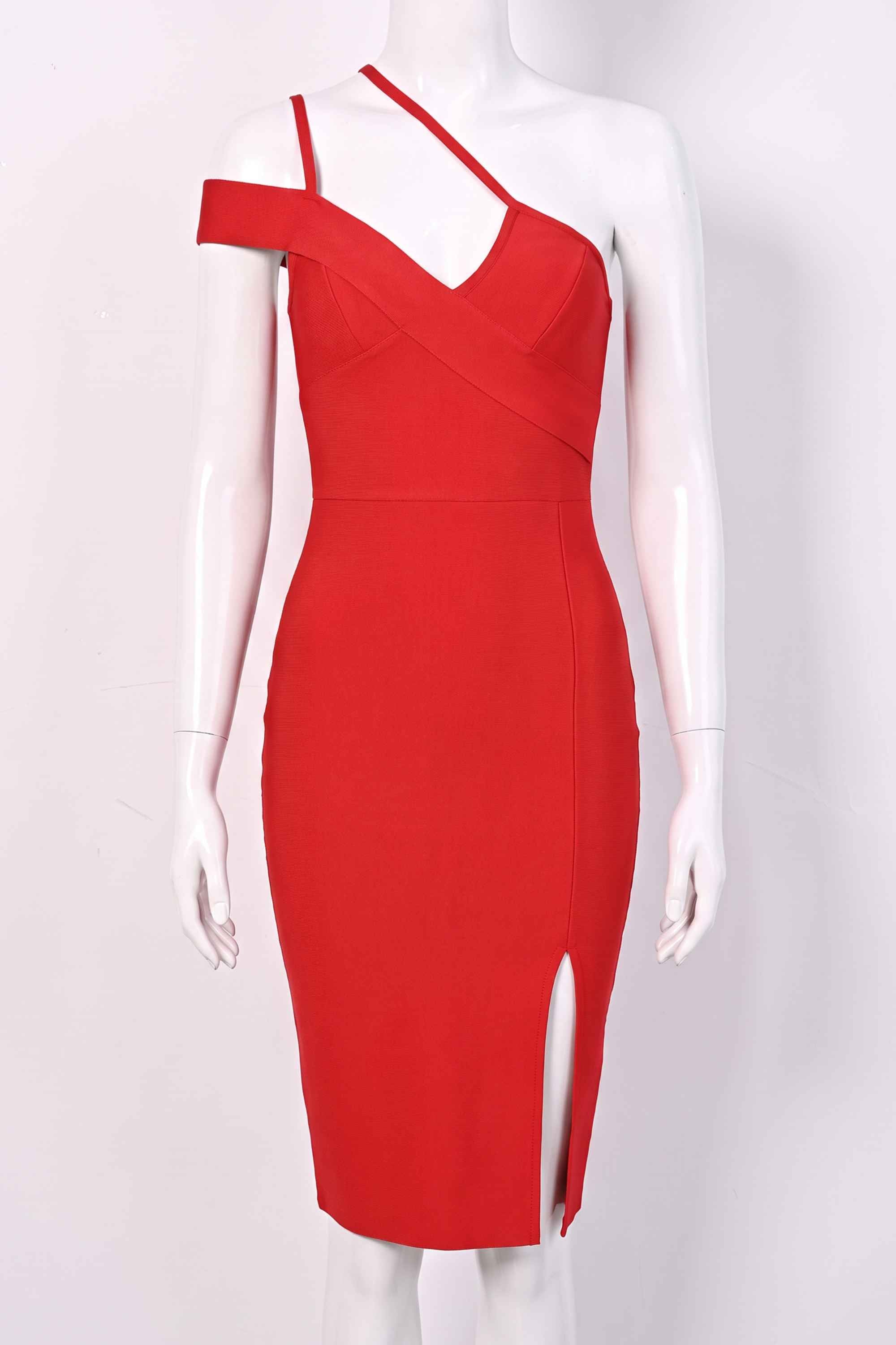 Woman wearing a figure flattering Luna Bodycon Dress - Lipstick Red Bodycon Collection
