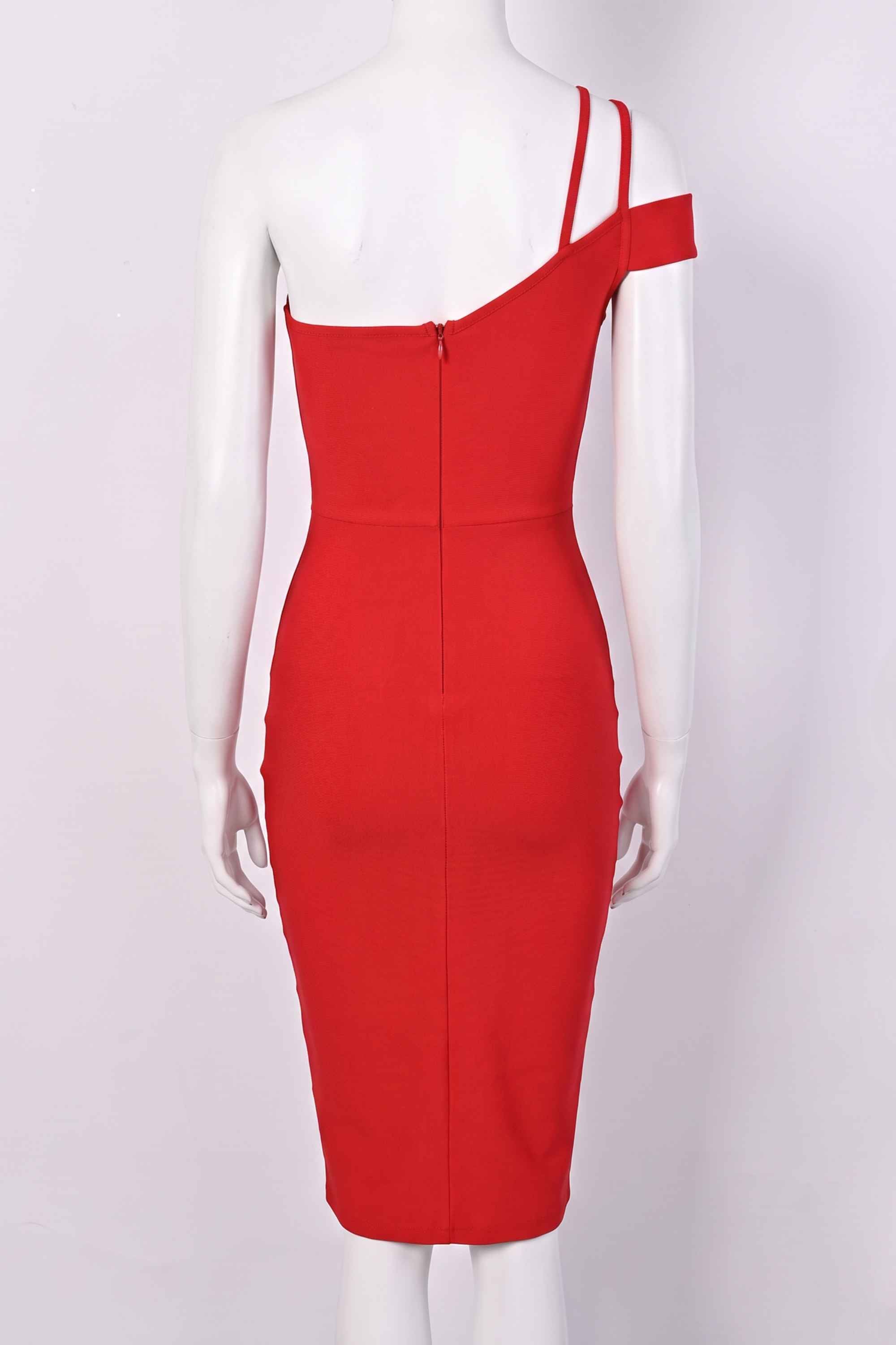 Woman wearing a figure flattering Luna Bodycon Dress - Lipstick Red Bodycon Collection