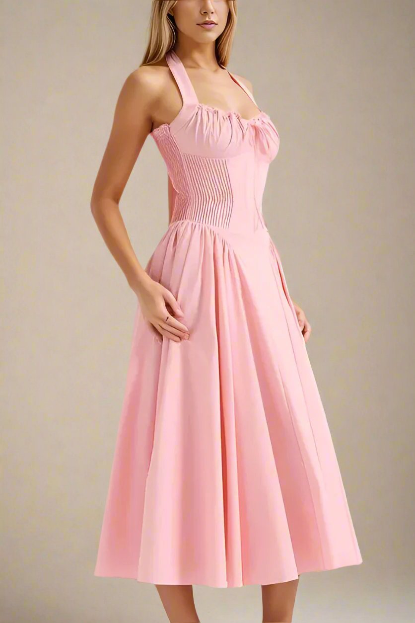 Woman wearing a figure flattering Lynsie Bodycon Midi Dress - Blush Pink BODYCON COLLECTION