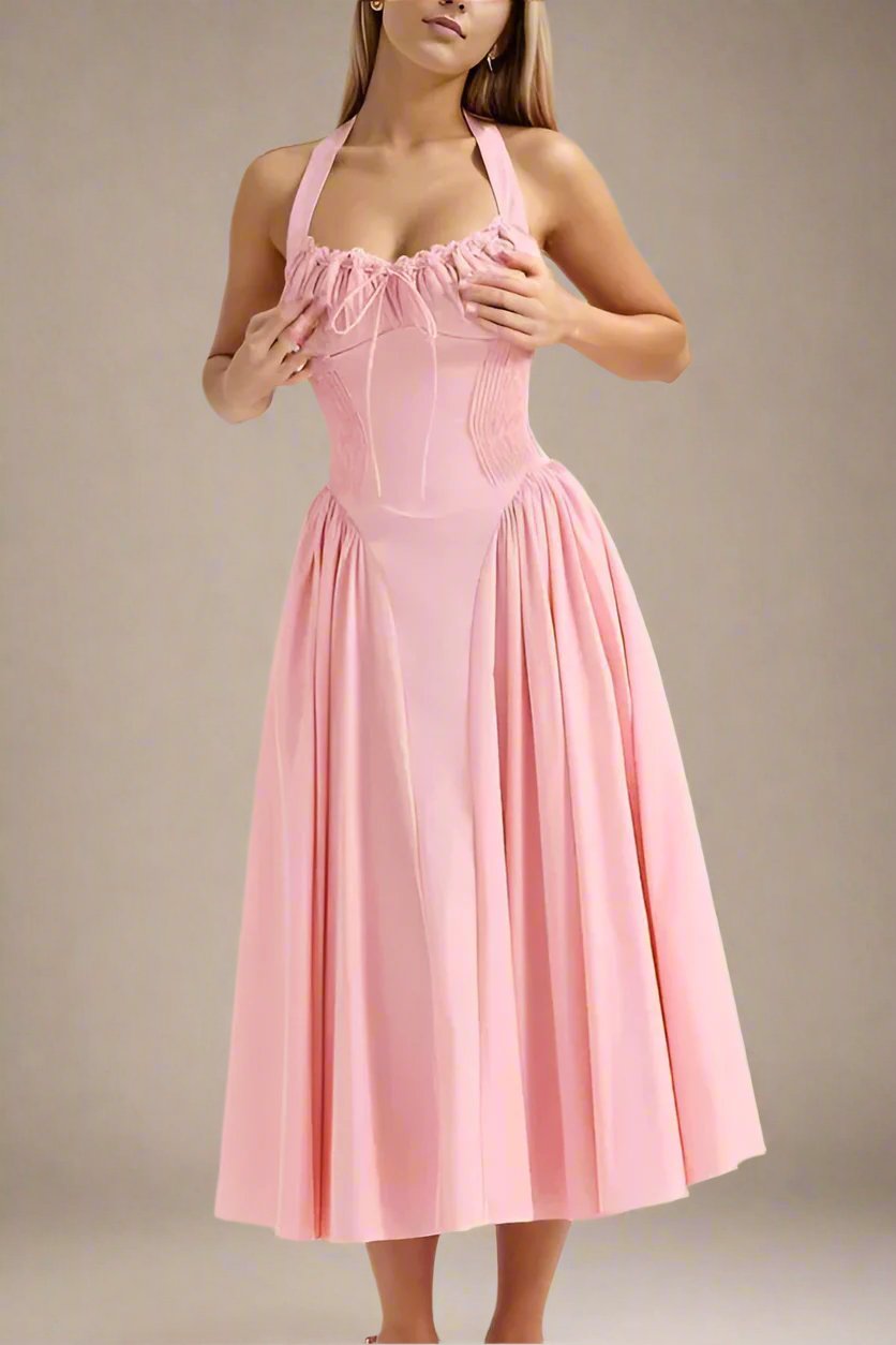 Woman wearing a figure flattering Lynsie Bodycon Midi Dress - Blush Pink BODYCON COLLECTION