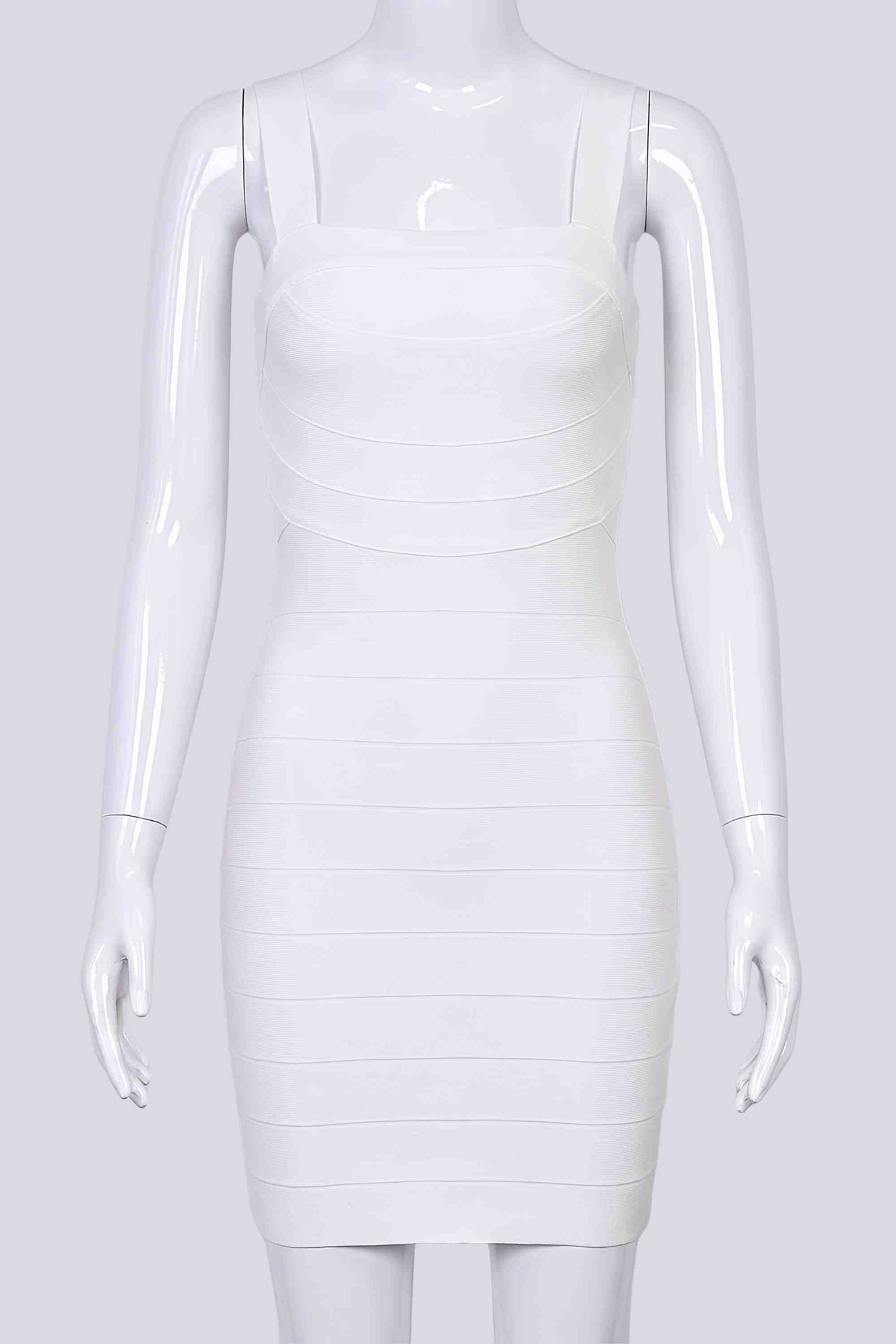 Woman wearing a figure flattering Madelyn Bandage Mini Dress - White Pearl BODYCON COLLECTION Pty Ltd