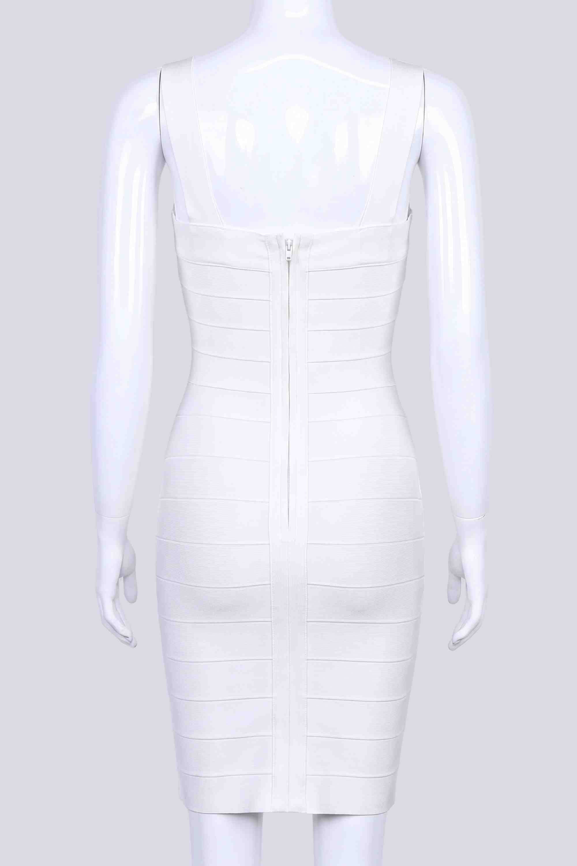 Woman wearing a figure flattering Madelyn Bandage Mini Dress - White Pearl BODYCON COLLECTION Pty Ltd
